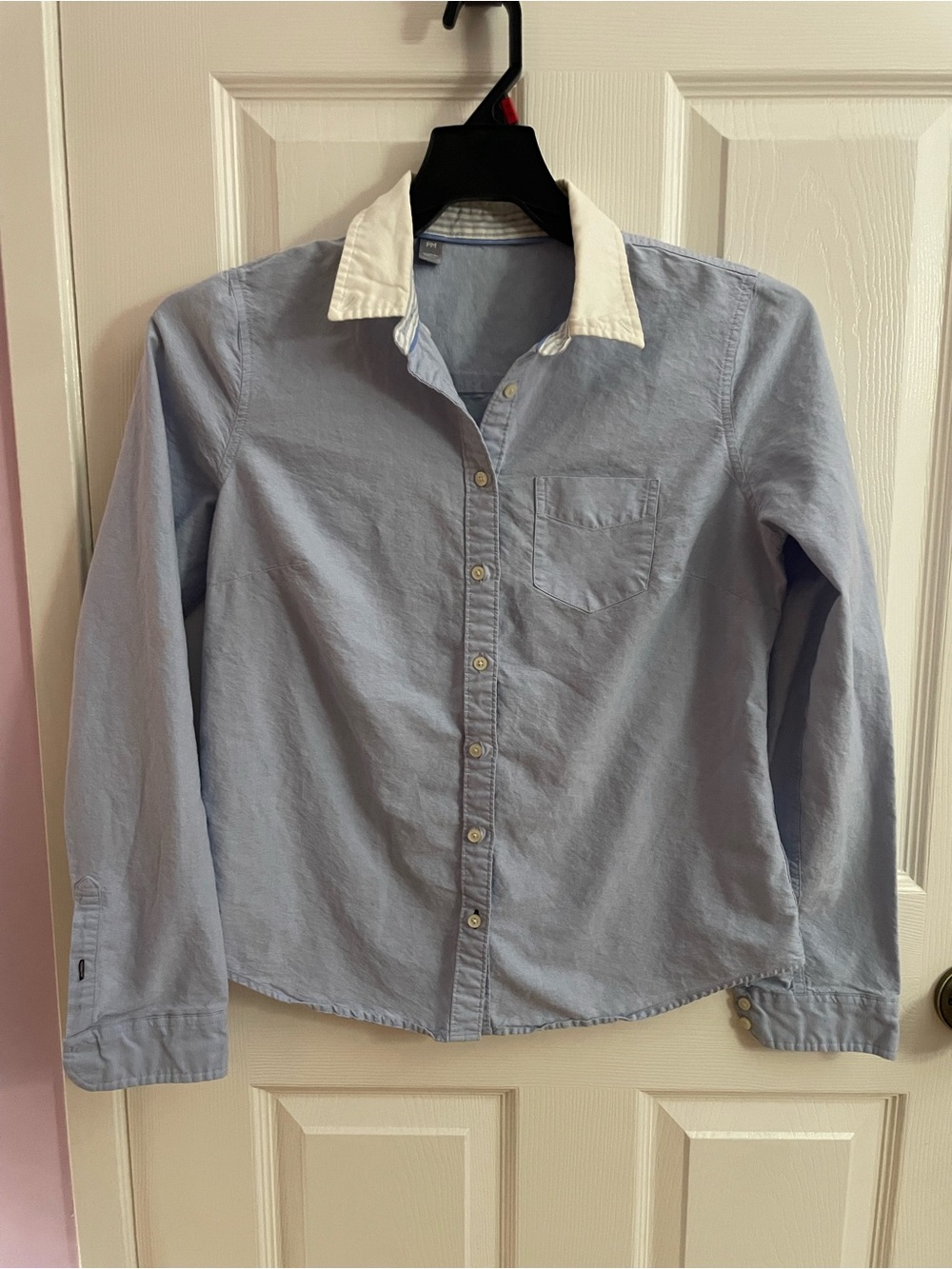 Light Blue Button-Down Blouse with White Collar
